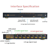 VGA KVM Switch 8 Port in 2 Out Switcher 8x2 Podporuje základní sdílení klávesnice a myši audio USB zařízení sdílení 8 počítačů